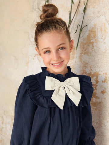 Young Girl Colorblock Bow Decor Long Sleeve Ruffle Hem Loose Fit Dress
