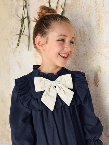 Young Girl Colorblock Bow Decor Long Sleeve Ruffle Hem Loose Fit Dress