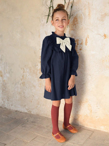 Young Girl Colorblock Bow Decor Long Sleeve Ruffle Hem Loose Fit Dress
