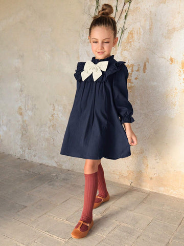 Young Girl Colorblock Bow Decor Long Sleeve Ruffle Hem Loose Fit Dress