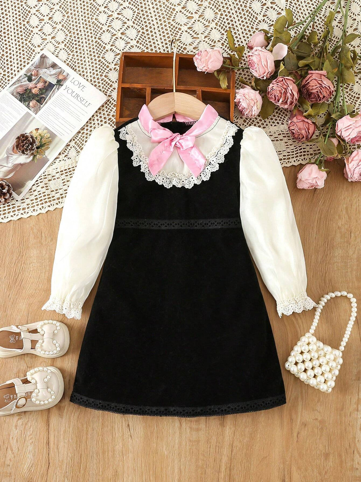Young Girl Colorblock Bow Front Flounce Sleeve Dress