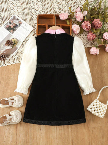 Young Girl Colorblock Bow Front Flounce Sleeve Dress