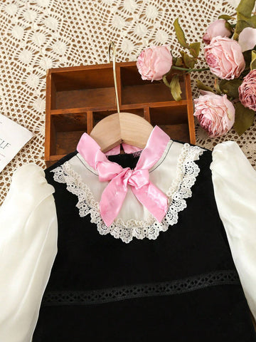 Young Girl Colorblock Bow Front Flounce Sleeve Dress