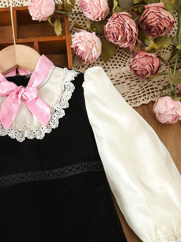 Young Girl Colorblock Bow Front Flounce Sleeve Dress
