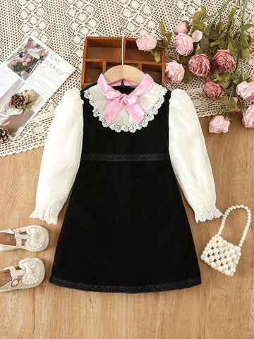 Young Girl Colorblock Bow Front Flounce Sleeve Dress