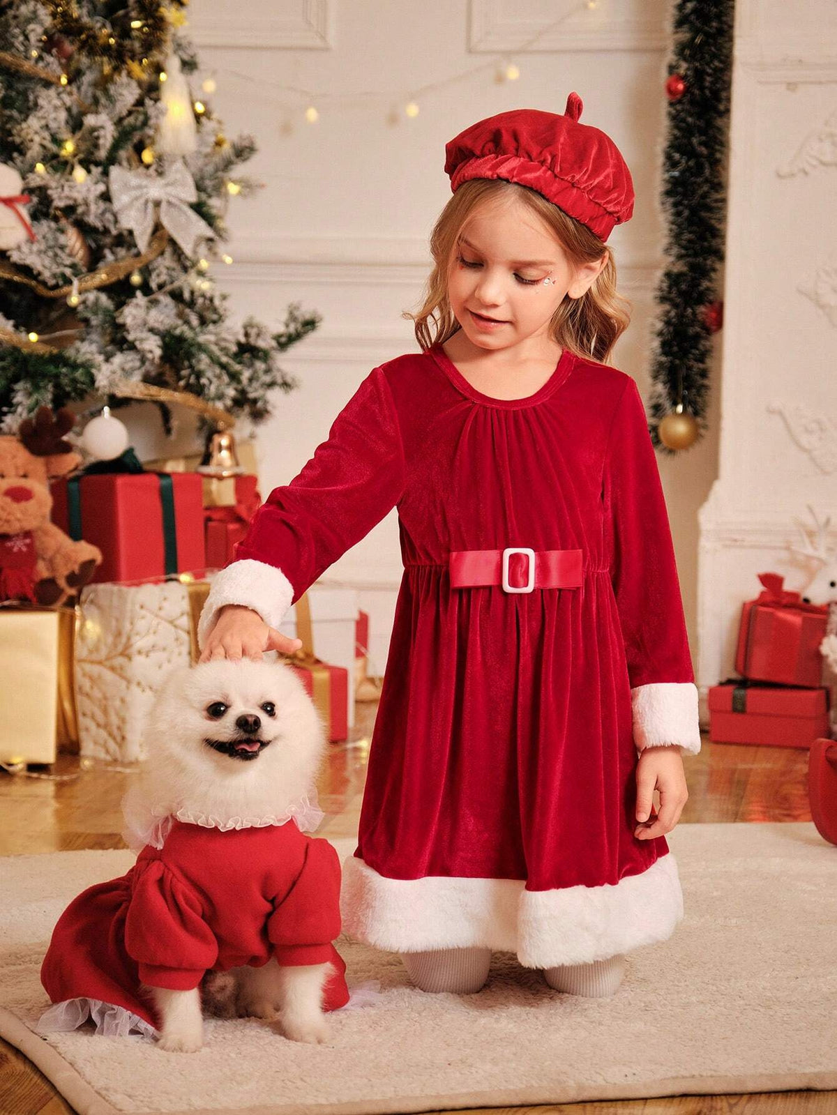 Young Girl Colorblock Fluffy Crew Neck Long Sleeve Cute Dress, Spring Autumn