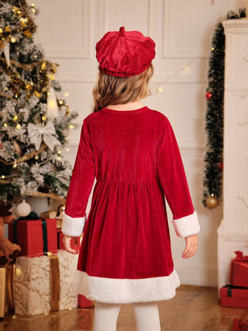 Young Girl Colorblock Fluffy Crew Neck Long Sleeve Cute Dress, Spring Autumn