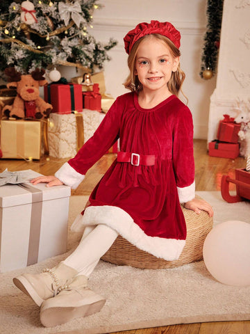 Young Girl Colorblock Fluffy Crew Neck Long Sleeve Cute Dress, Spring Autumn