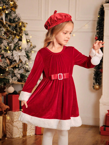 Young Girl Colorblock Fluffy Crew Neck Long Sleeve Cute Dress, Spring Autumn