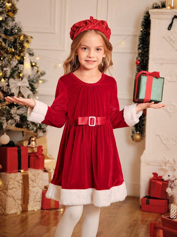 Young Girl Colorblock Fluffy Crew Neck Long Sleeve Cute Dress, Spring Autumn