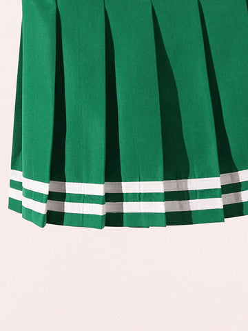 Young Girl Colorblock Ribbon Trim Pleated A-Line Mini Skirt