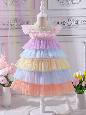 Young Girl Colorblock Ruffle Trim Layered Hem Mesh Dress