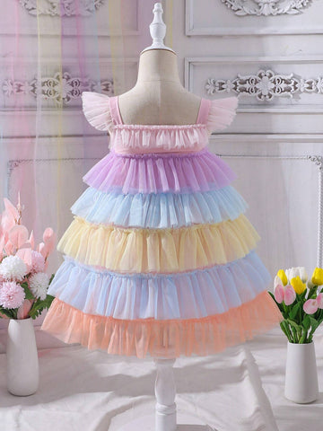 Young Girl Colorblock Ruffle Trim Layered Hem Mesh Dress