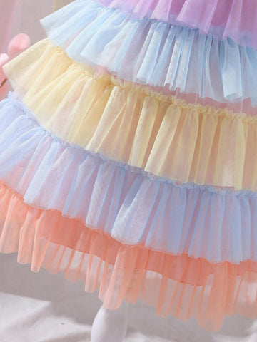 Young Girl Colorblock Ruffle Trim Layered Hem Mesh Dress