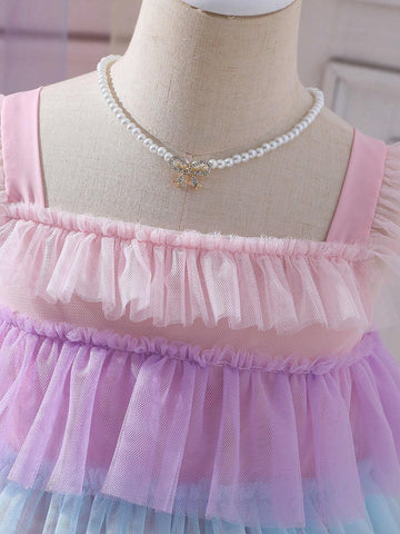 Young Girl Colorblock Ruffle Trim Layered Hem Mesh Dress