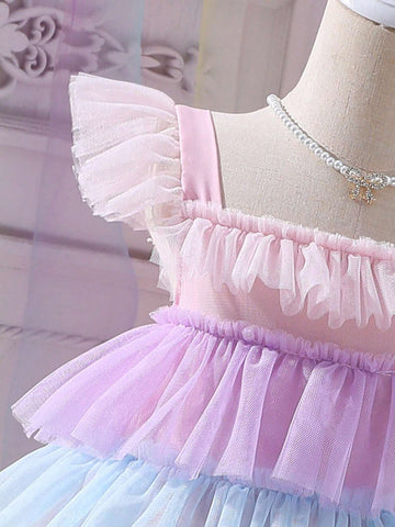 Young Girl Colorblock Ruffle Trim Layered Hem Mesh Dress
