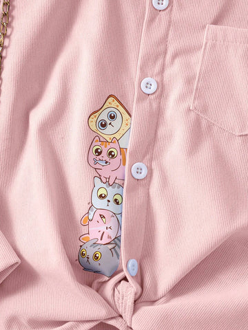 Young Girl Comfortable Casual Cat Print Long Sleeve Shirt For Autumn/Winter