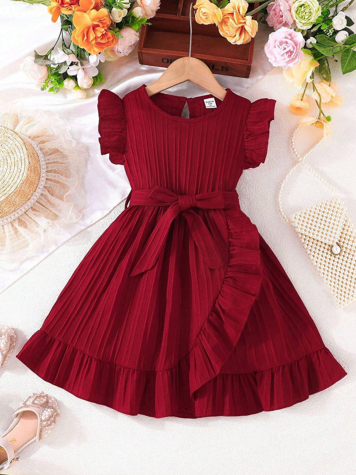 Young Girl Comfortable Casual Ruffle Hem Dress With Belt And Accessories For Summer