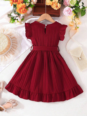 Young Girl Comfortable Casual Ruffle Hem Dress With Belt And Accessories For Summer