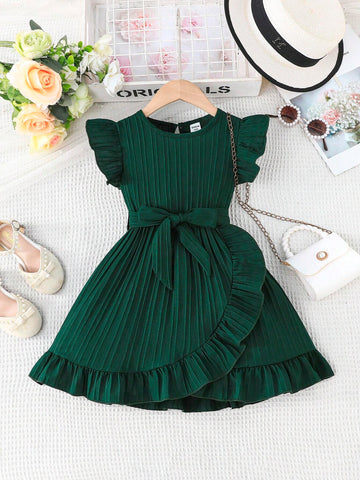 Young Girl Comfortable Casual Ruffle Hem Dress With Belt, Summer