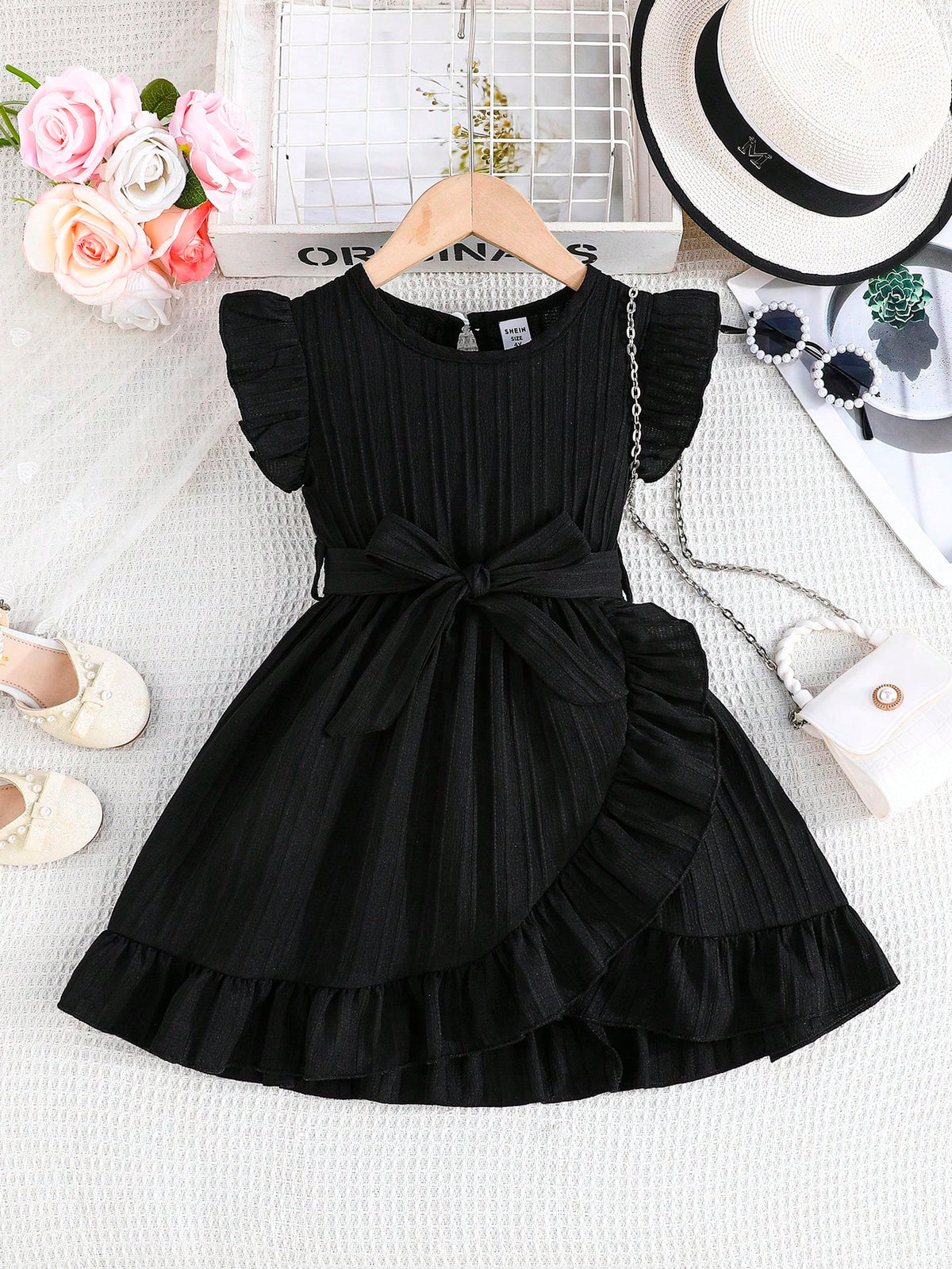 Young Girl Comfortable Casual Ruffled Hem Dress With Belt Accessories, Summer