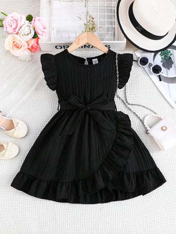 Young Girl Comfortable Casual Ruffled Hem Dress With Belt Accessories, Summer
