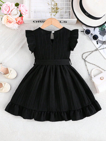 Young Girl Comfortable Casual Ruffled Hem Dress With Belt Accessories, Summer