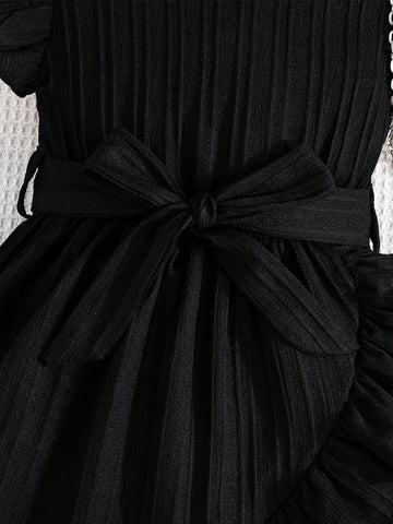 Young Girl Comfortable Casual Ruffled Hem Dress With Belt Accessories, Summer