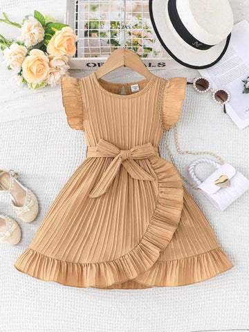 Young Girl' Comfortable Casual Ruffled Hem Dress With Belt, Summer