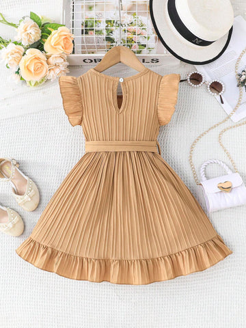 Young Girl' Comfortable Casual Ruffled Hem Dress With Belt, Summer