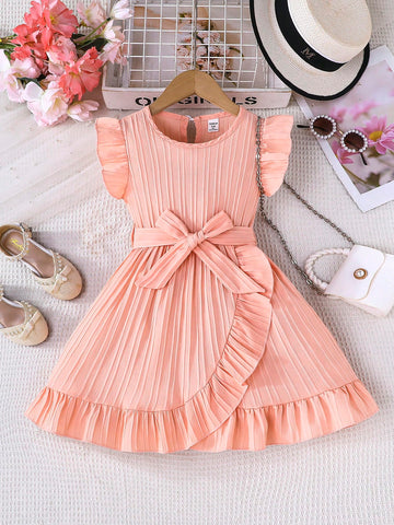 Young Girl' Comfortable Casual Ruffled Trim Dress With Belt, Summer