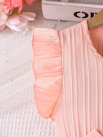 Young Girl' Comfortable Casual Ruffled Trim Dress With Belt, Summer