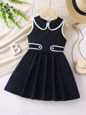 Young Girl Contrast Binding Peter Pan Collar Dress