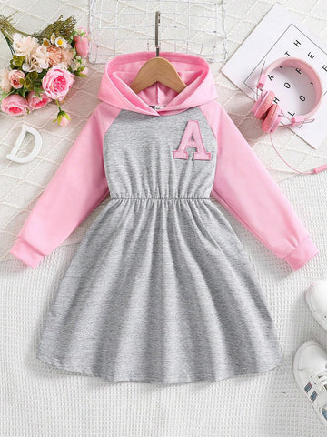 Young Girl Contrast Color Letter Patch Hooded Long Sleeve Princess Casual Sports Trendy Dress