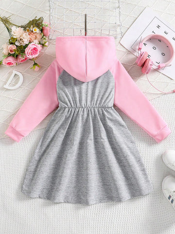Young Girl Contrast Color Letter Patch Hooded Long Sleeve Princess Casual Sports Trendy Dress