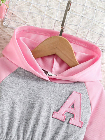 Young Girl Contrast Color Letter Patch Hooded Long Sleeve Princess Casual Sports Trendy Dress