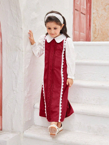 Young Girl Contrast Color Peter Pan Collar Long Sleeve Contrast Lace Cute Dress, Spring Autumn
