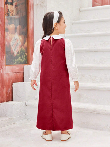 Young Girl Contrast Color Peter Pan Collar Long Sleeve Contrast Lace Cute Dress, Spring Autumn