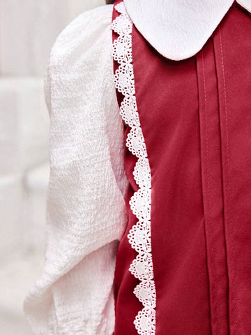 Young Girl Contrast Color Peter Pan Collar Long Sleeve Contrast Lace Cute Dress, Spring Autumn