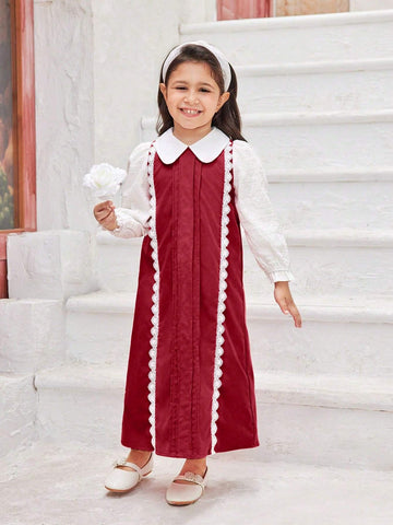 Young Girl Contrast Color Peter Pan Collar Long Sleeve Contrast Lace Cute Dress, Spring Autumn