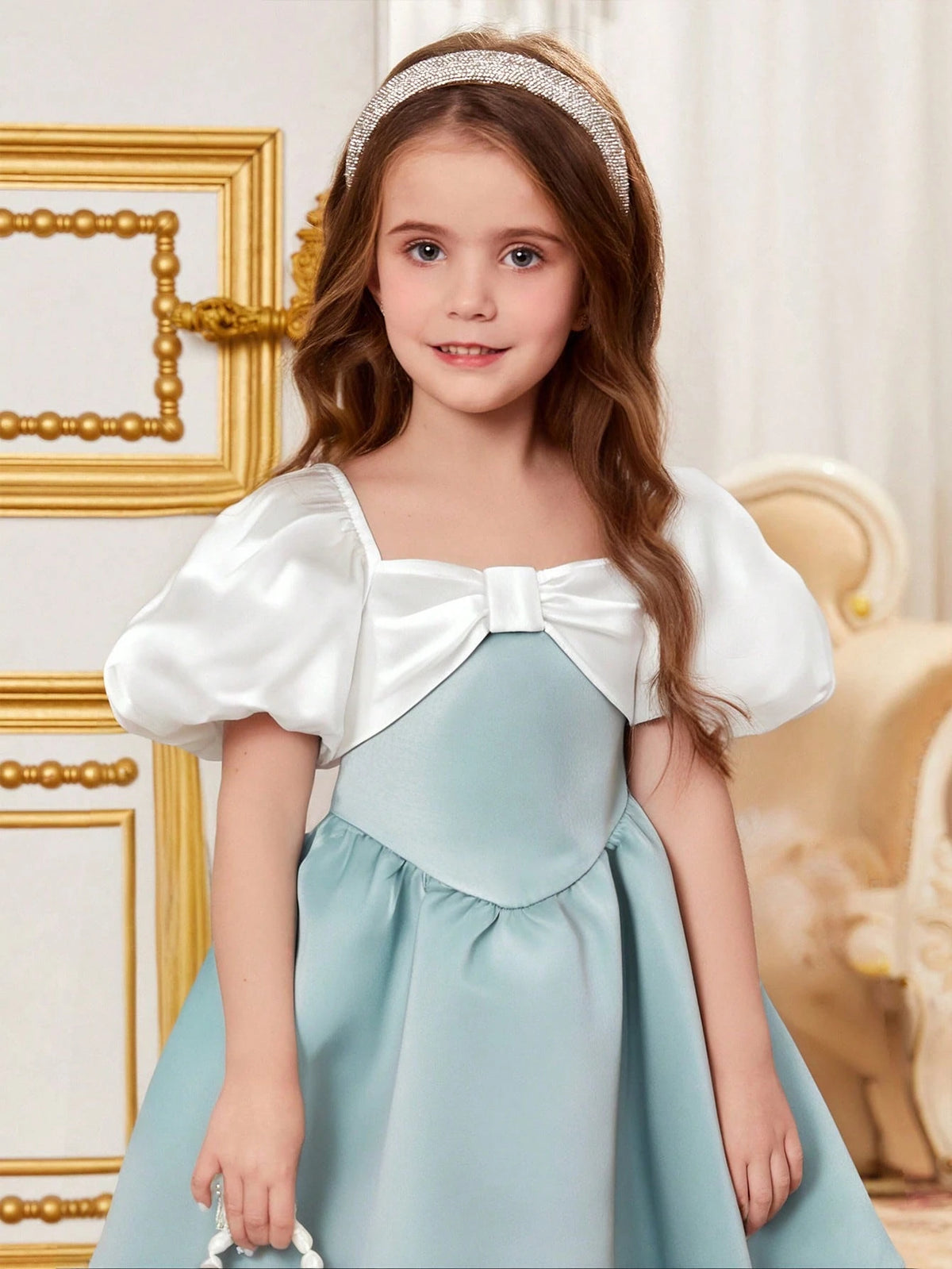Young Girl Contrast Color Puff Sleeve Bow Twist Satin Satin Party Dress