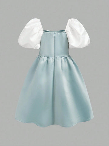 Young Girl Contrast Color Puff Sleeve Bow Twist Satin Satin Party Dress