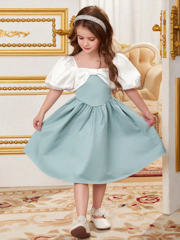 Young Girl Contrast Color Puff Sleeve Bow Twist Satin Satin Party Dress