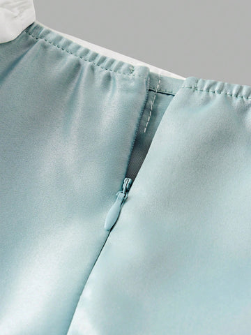 Young Girl Contrast Color Puff Sleeve Bow Twist Satin Satin Party Dress