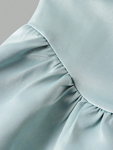 Young Girl Contrast Color Puff Sleeve Bow Twist Satin Satin Party Dress