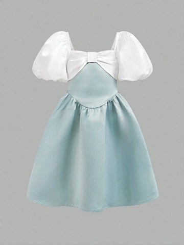Young Girl Contrast Color Puff Sleeve Bow Twist Satin Satin Party Dress