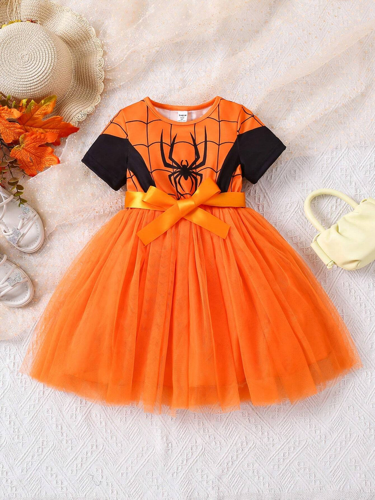 Young Girl' Contrast Color Spider Web Print Short Sleeve Dress, Summer