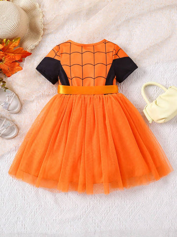 Young Girl' Contrast Color Spider Web Print Short Sleeve Dress, Summer