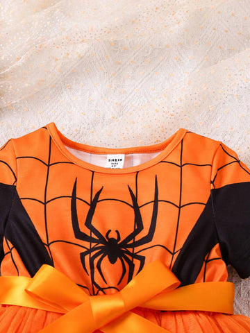 Young Girl' Contrast Color Spider Web Print Short Sleeve Dress, Summer