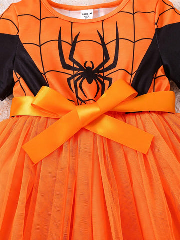 Young Girl' Contrast Color Spider Web Print Short Sleeve Dress, Summer